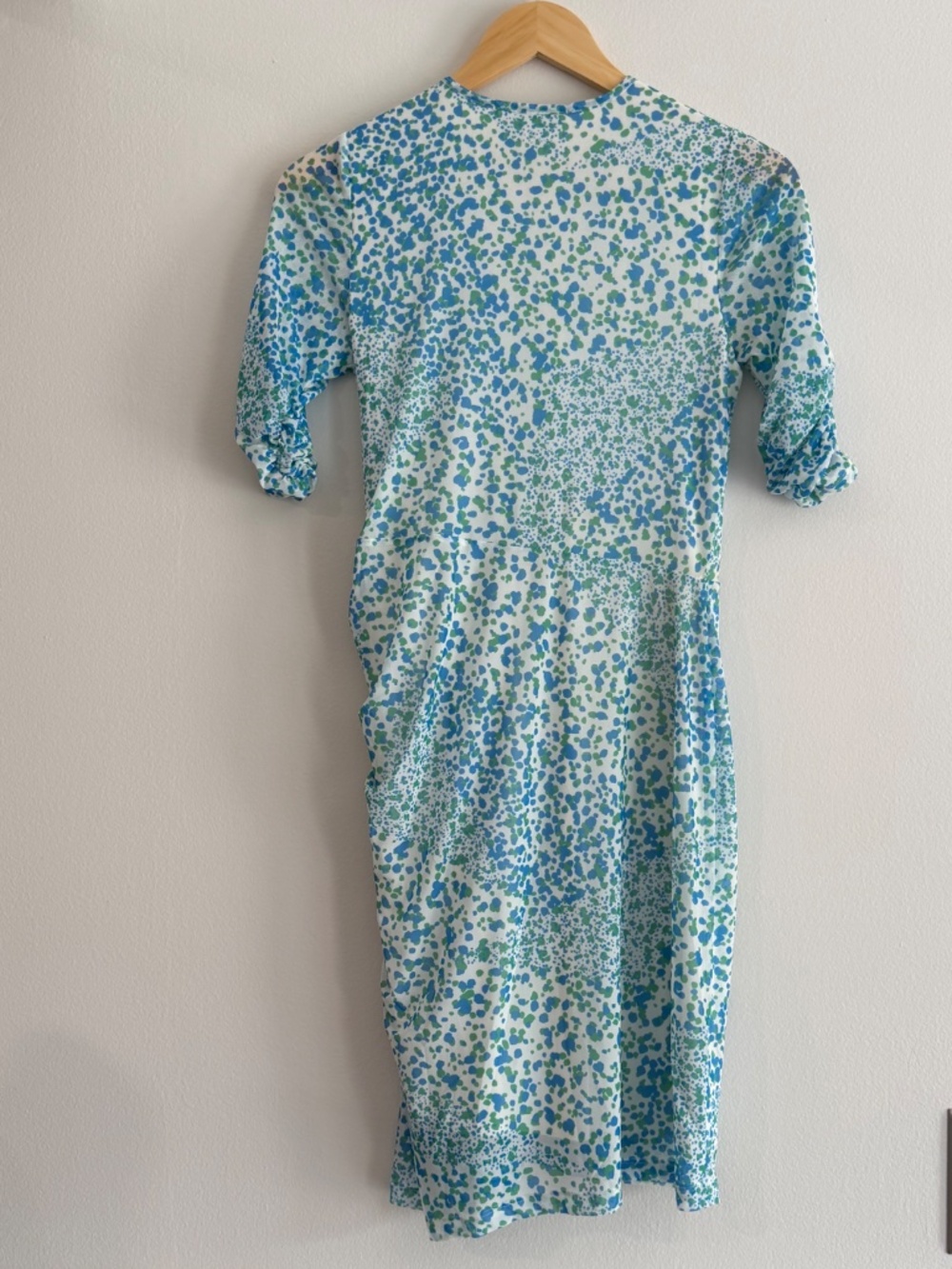Hale Bob Twist Front Stretch Dress Elbow Sleeves Lined V- Neck Blue Green Print - Picture 3 of 12